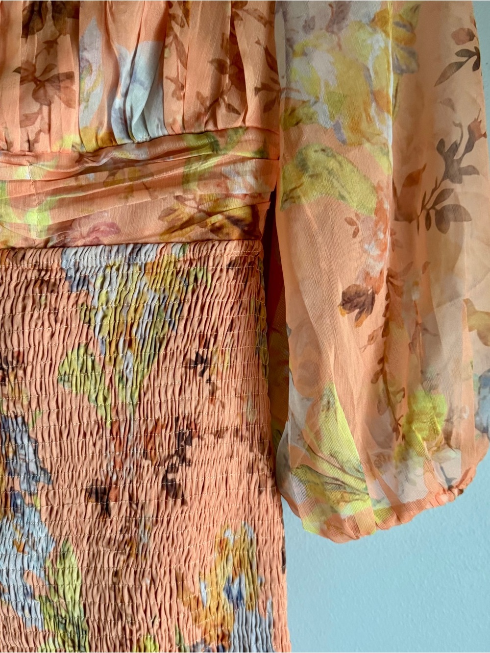 Selfie Leslie Joie Puff Sleeve Shirred Mini Dress Floral Print Apricot Size XS - Picture 6 of 9